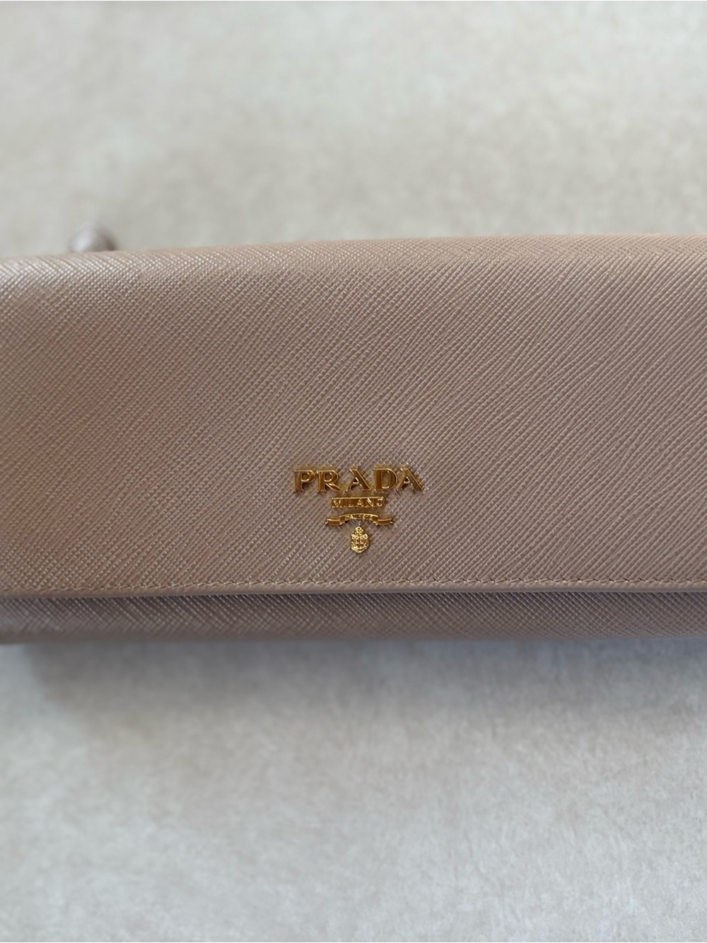 Prada Saffiano Leather Continental Wallet in Taupe with Gold Logo